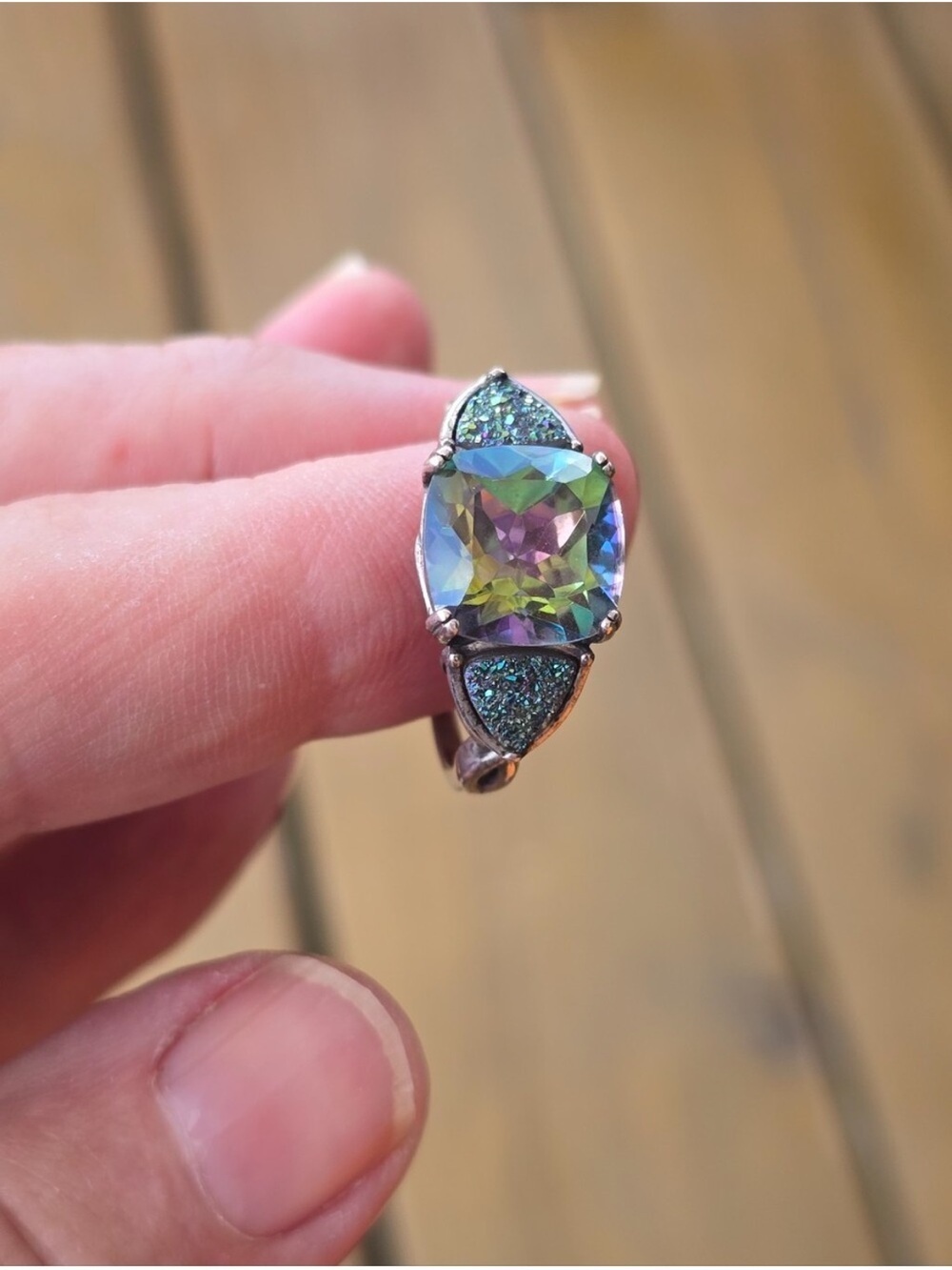 Vintage Sterling Silver Mystic Topaz & Druzy Quartz Statement Ring - Size 10 - Picture 3 of 12